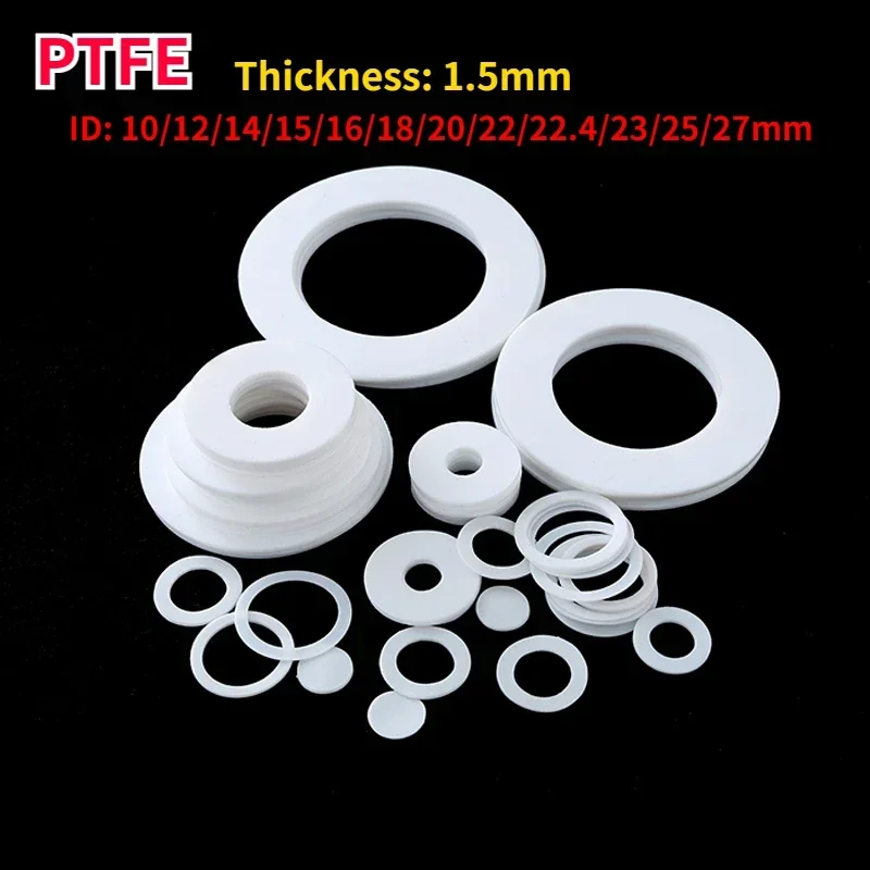 50Pcs Thickness 1.5mm PTFE Gasket Plastic King Flange Seal Washer Inner Diameter 10/12/14/15/16/18/20/22/22.4/23/25/27mm