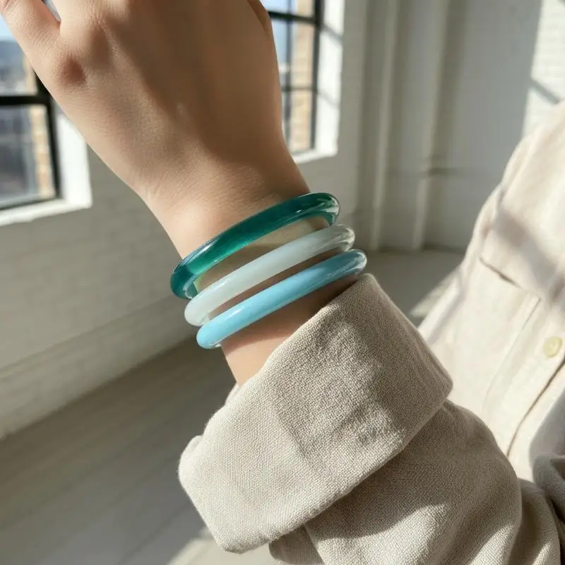 4Pcs/Set Bohemia Blue Translucent Acrylic Resin Bracelet Beach Vacation Bangle Stackable Lightweight Jewelry