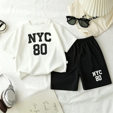 Summer Children's Double-sided Letter Printed Short Sleeved And Shorts Two-piece Set Summer Round Neck Cartoon Children's Set