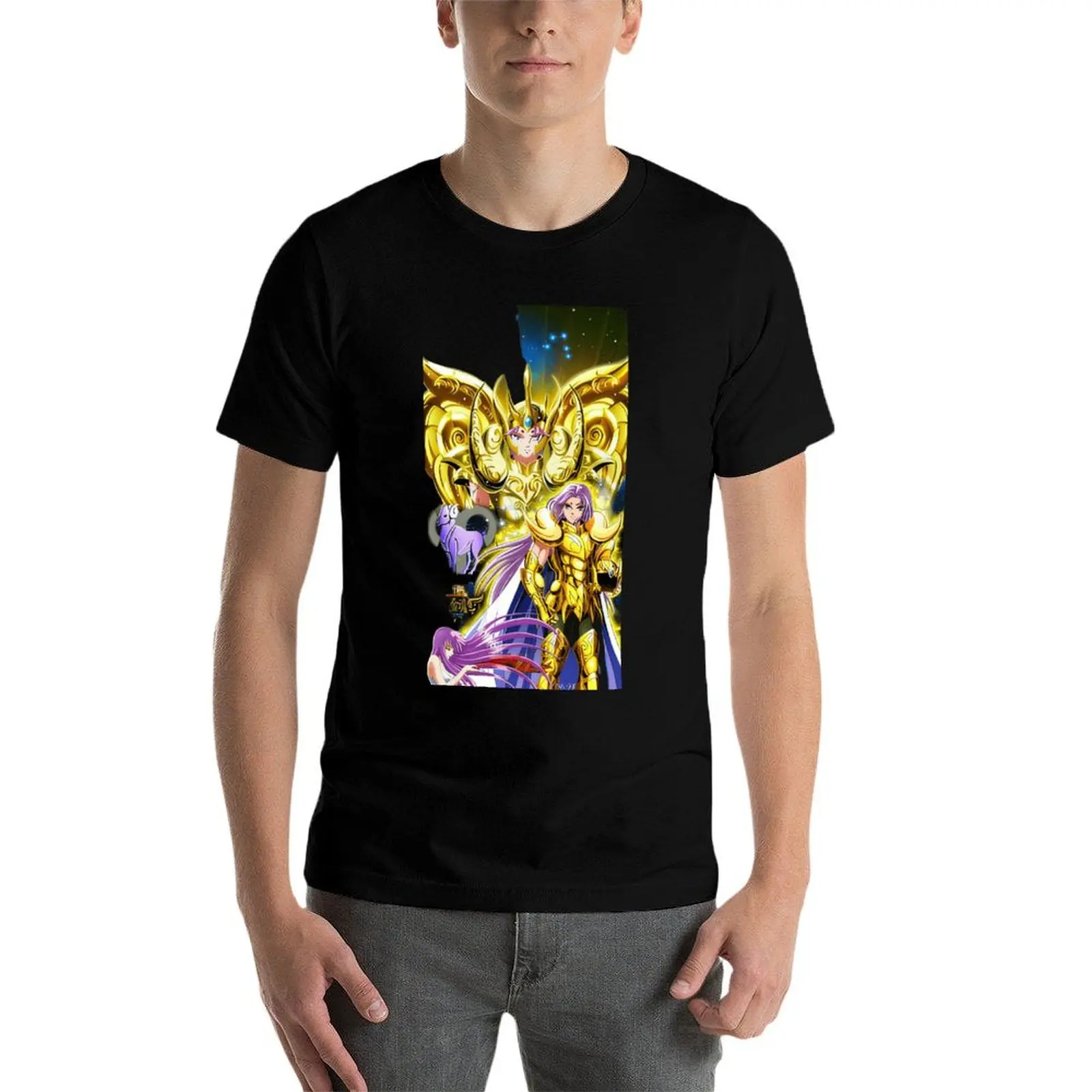 Design 100% Organic Cotton T-Shirt Eco Fabric Solid Color for Loungewear Regular Fit Art Print Saint Seiya Gold Saint Aries Mu