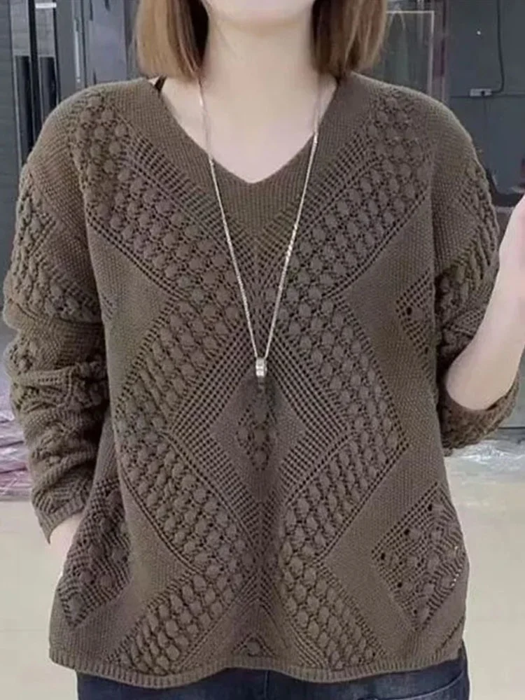 

Loose Long Sve V-Ne Knitwear Versatile Lazy Sle Korean Design Spring Autumn New Arrival Soft Comfortable Commute Faion