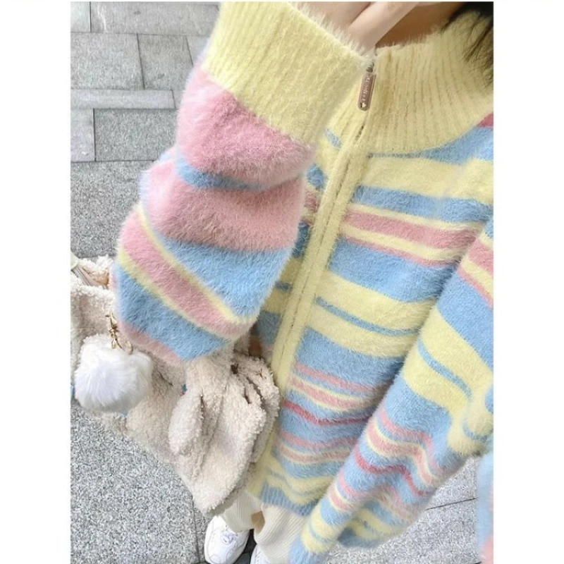 Striped Knit Splice Zipper Stand-UP Collar Sweater Autumn Winter Oversized Pullover Knitwear Women Soft Sweet Simple Cardigan