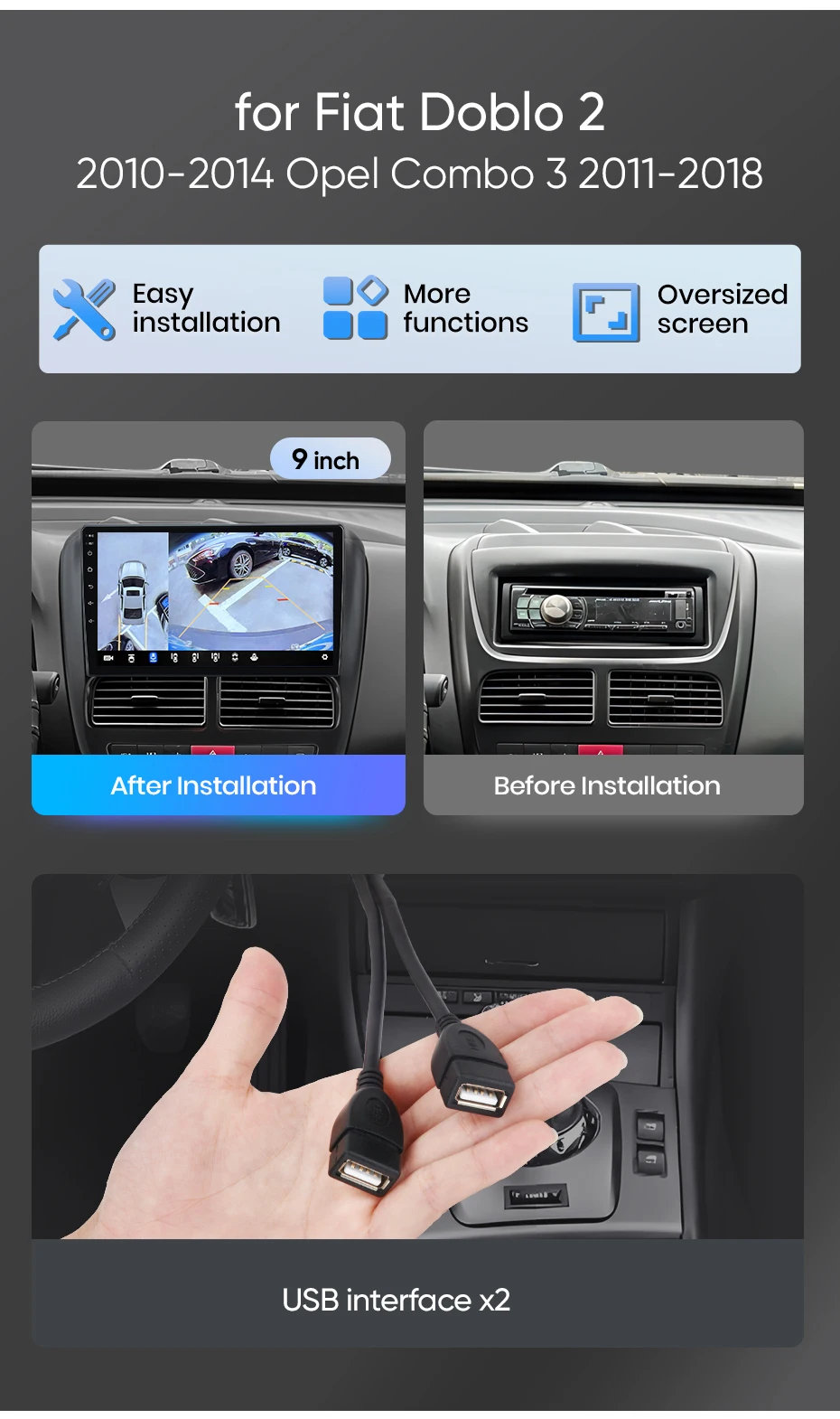 Junsun Autoradio für Fiat Doblo Opel Combo Tour 2010-2015 CarPlay Android Auto FM RDS DSP BT GPS Navi SWC HD IPS Touchscreen Plug & Play Multimedia-Player Freisprecheinrichtung Original-Autostil-Haupteinheit – Detail 2