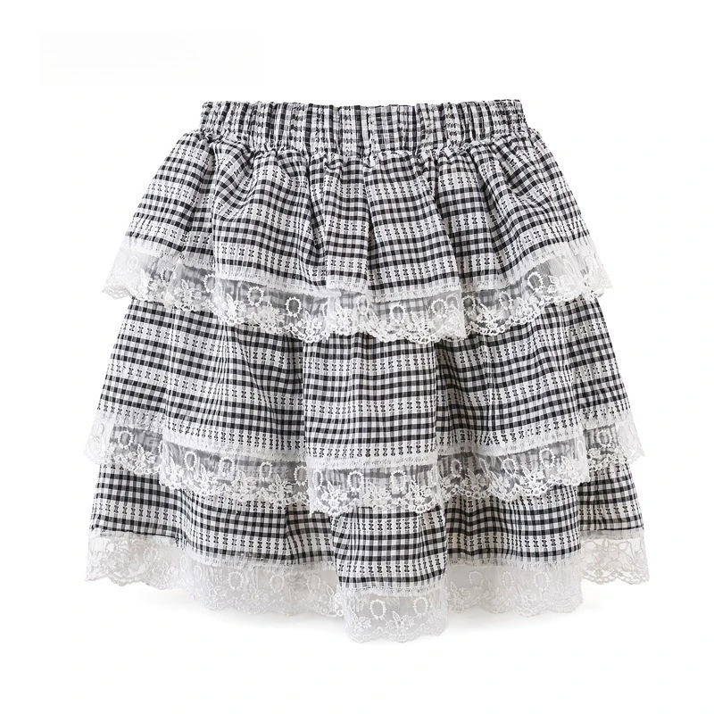 Girls Black White Plaid Tiered Lace Ruffle Skirt Elastic High Waist A Line Skirt Kids Sweet Summer Casual Princess Party Outfit