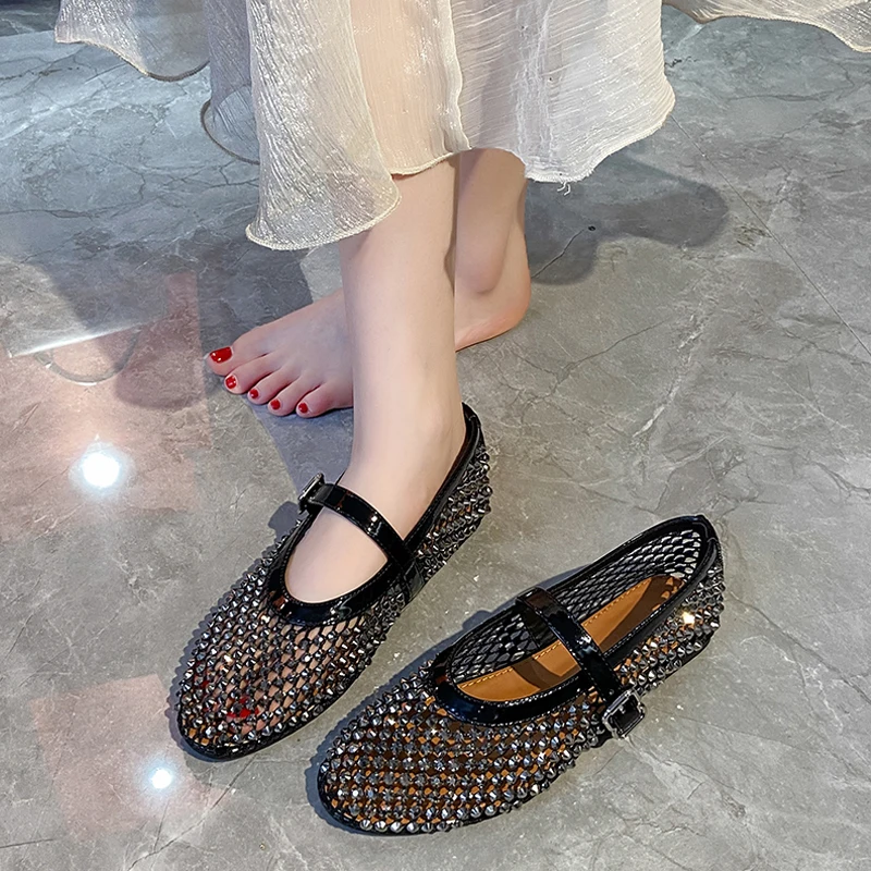 Luxury Crystal Rhinestone Fishnet Ballet Flats Woman Brand Design Rivet Studs Mesh Mary Jane Shoes Ladies Summer Cut Out Loafers