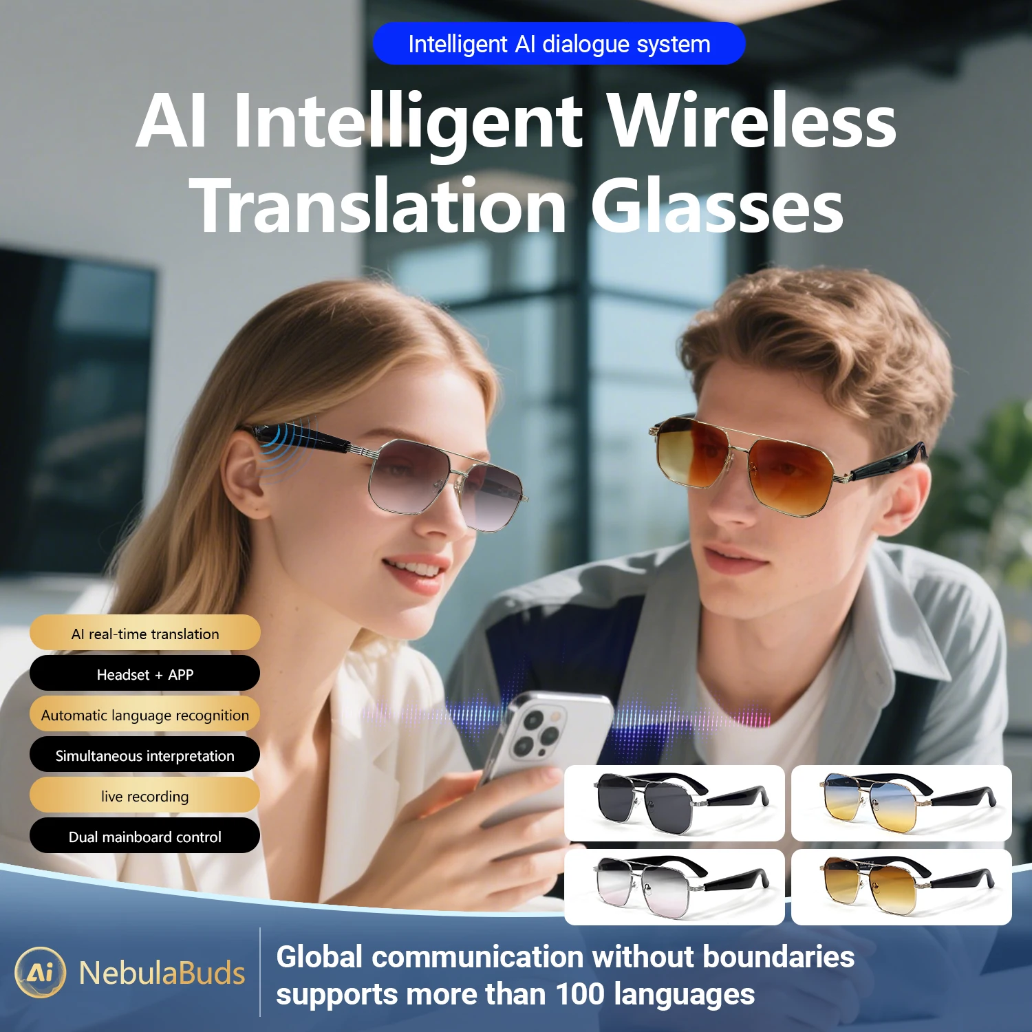 Gafas inteligentes 100 idiomas en línea AI traducción automática de diálogo gafas Bluetooth con altavoz, protección UV