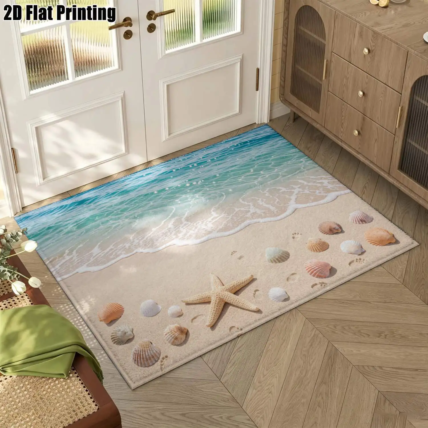 1Pc 2D Printed Carpet: Seaside Shell & Starfish Pattern, Instagram-Style Minimalist Nordic Floor Mat, Machine Washable, Multi-Size, for Home Decor & Multi-Scene Use
