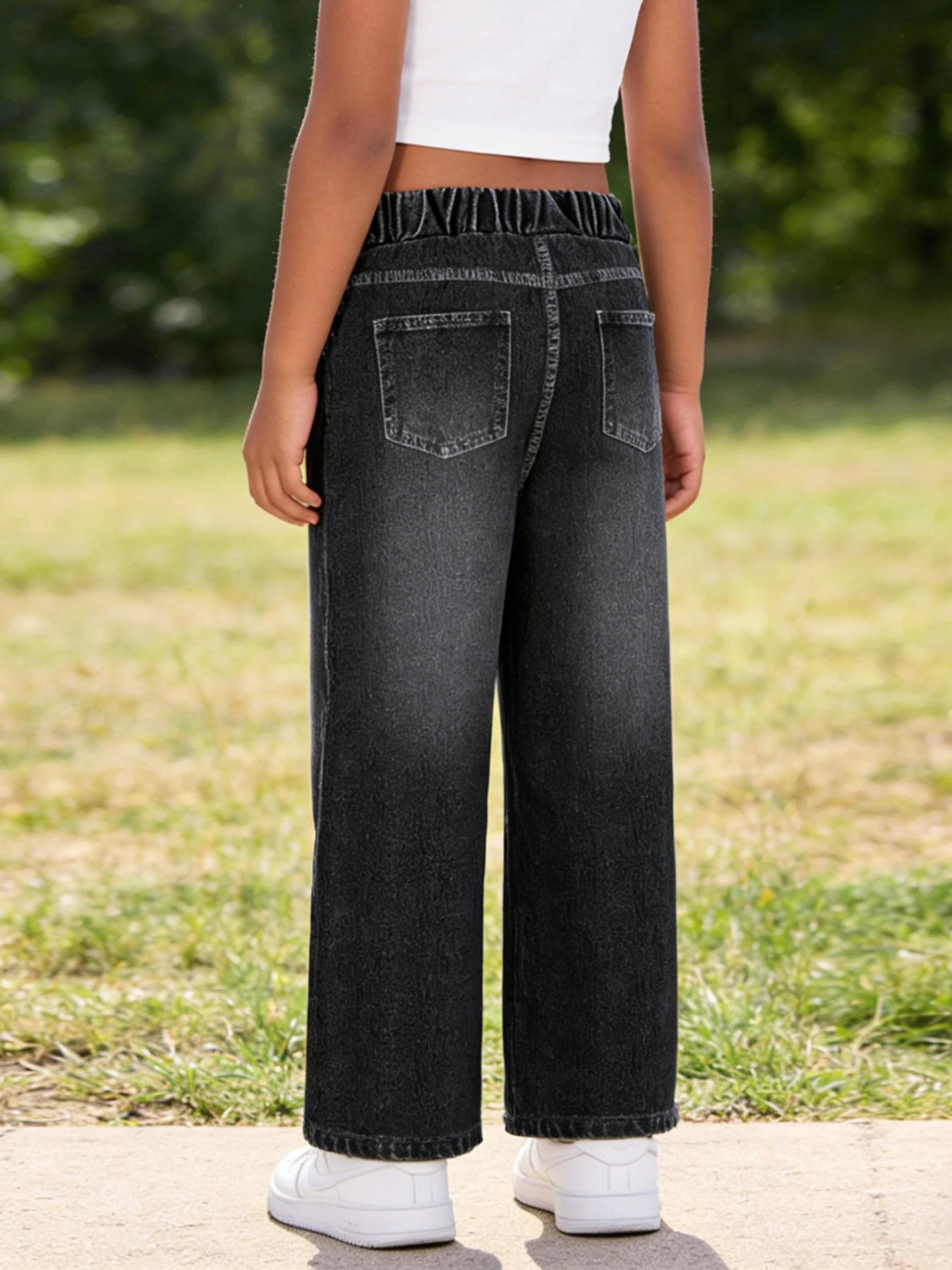 2026 children's black imitation denim wide-leg pants, pink and blue love star printing holes
