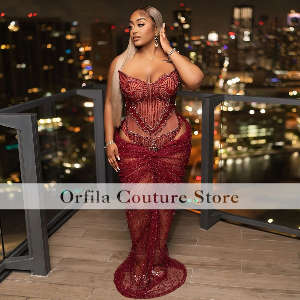 Burgundy Sheer Mermaid Prom Dress Rhinestone Beaded Formal Evening GownFormal Night Club Maxi Dress Birthday Party Gown