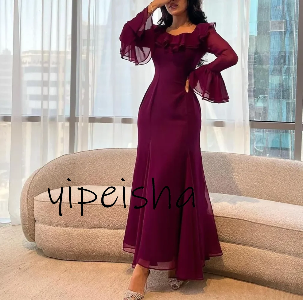 

Vintage Long Sleeve Chiffon Evening Dresses with Ruffle Mermaid Fuchsia فساتين سهرة Ankle Length Prom Dress for Women
