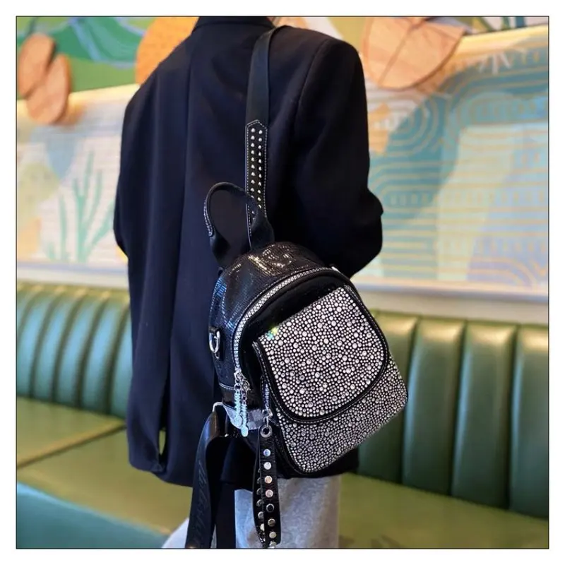 High Quality Female Fashion Artificial Leather Rhinestone Everyday Daypack Lady Travel Black Convertible Backpack Shoulder Bag