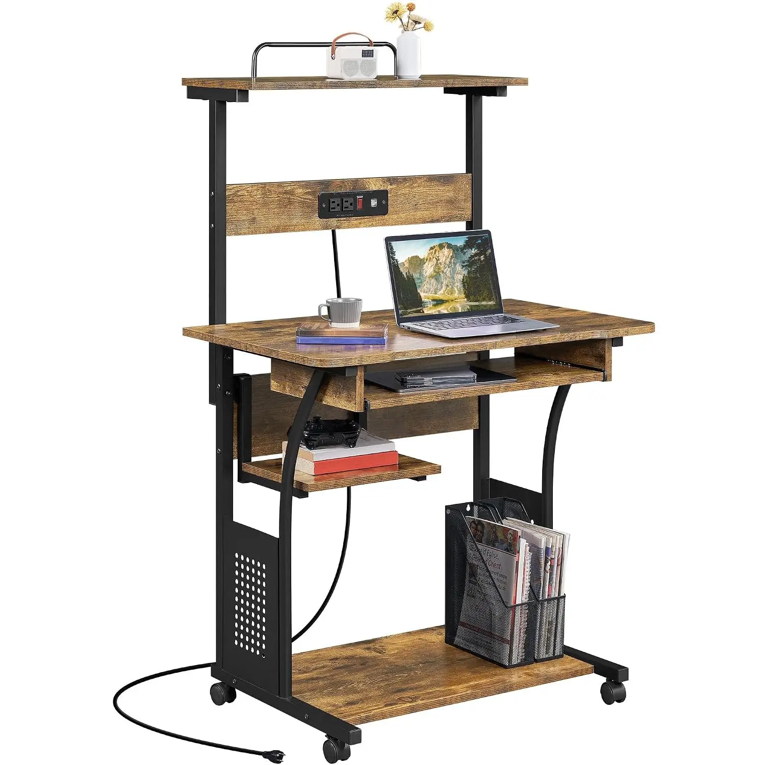 Small 3-Tier Rolling Computer Desk Power Outlet Rustic Brown, Customized