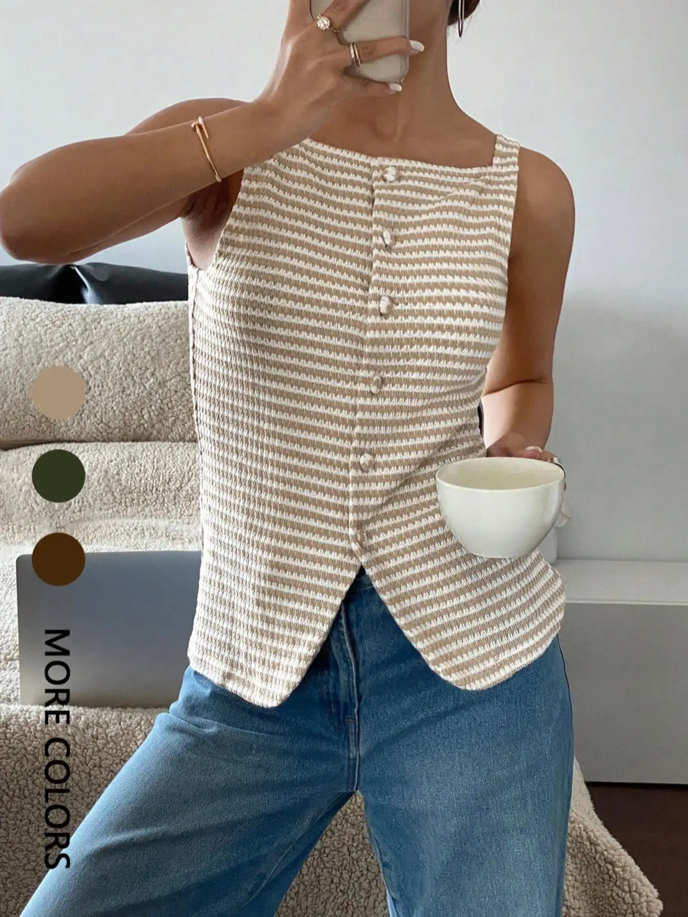 Women's Striped Button-Up Vest Casual Sleeveless Semi-Transparent Top Versatile Daily Wear for Ladies