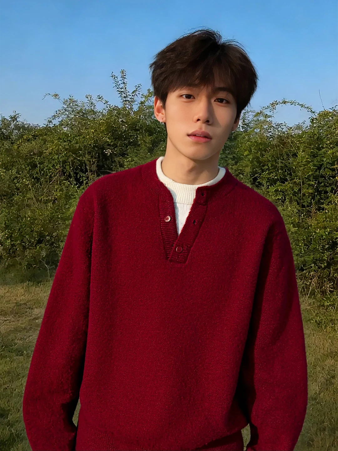 

Red Henry Collar Knitted Sweater Men's Winter Leisure Sle Soft Nurturing Inner Wear Base irt Fake Two-Piece Warm Thi Lo...