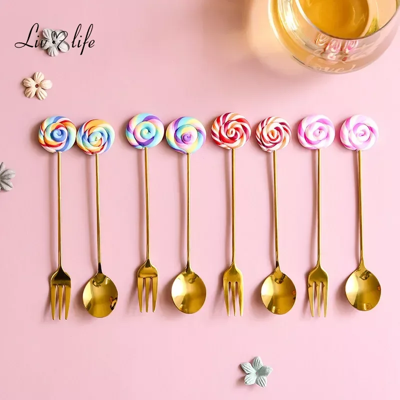 Cute Fun Lollipop Coffee Fork Spoon 304 Stainless Steel Titanium-Plated Gold Cake Fork Children's Small Spoon Ice Cream Spoon