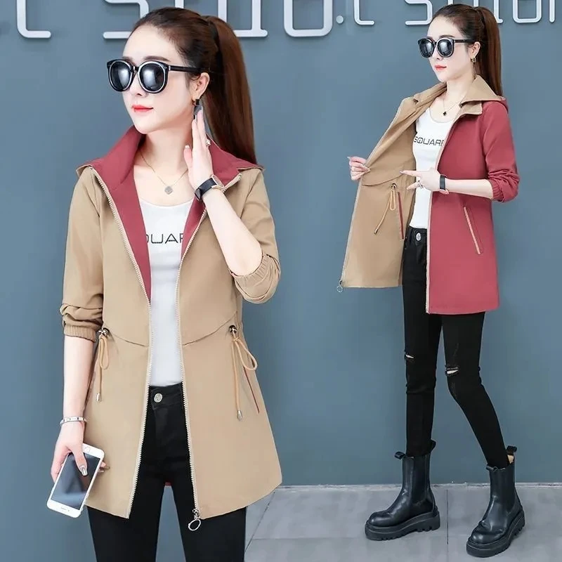New Fashion Double-Sided Wear Trench Coat Women Mid-Longth Spring Autumn High Quality Hooded Windbreakers Female Tops Outerwear