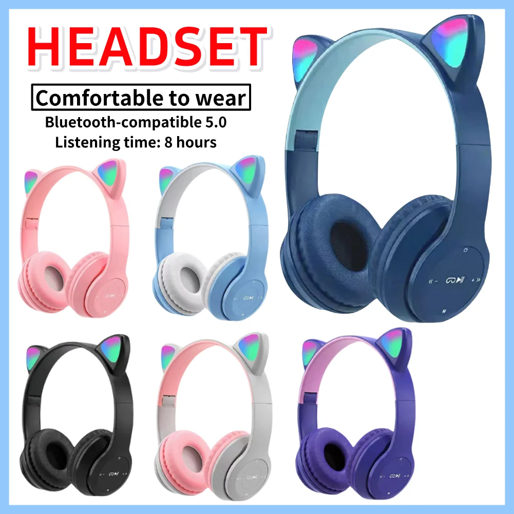 Wireless Cat Ears Headphones Glowing Cool Headset Stereo Bass Bluetooth-compatible 5.0 Cute Over-Ear Headsets for Kids & Adult