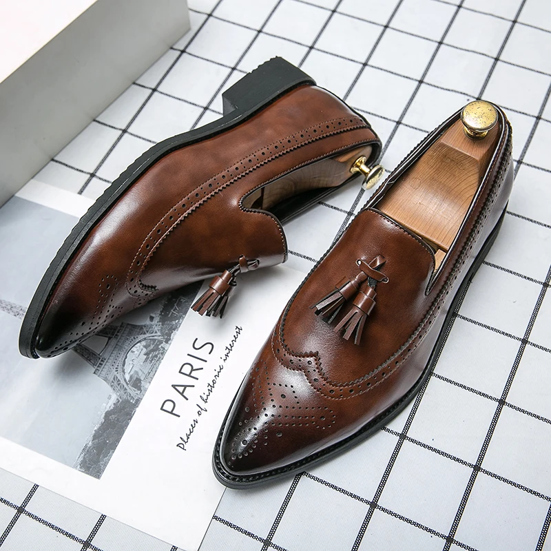 

Fashion Brogue Business Tassel Leather Loafers British Style Dress Shoes Banquet Dress Loafers Party Shoes Formal Wear Carving