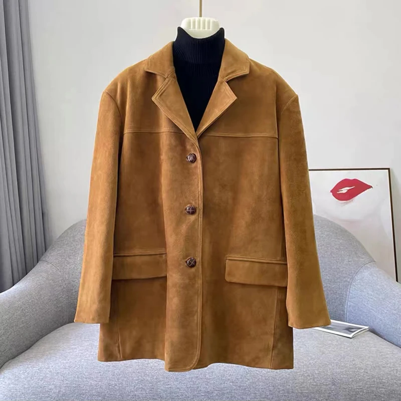 Retro Vintage Maillard Caramel Suede Jacket for Women Loose Fitting 2023 New High-end Genuine Leather Suit Medium Length Coat