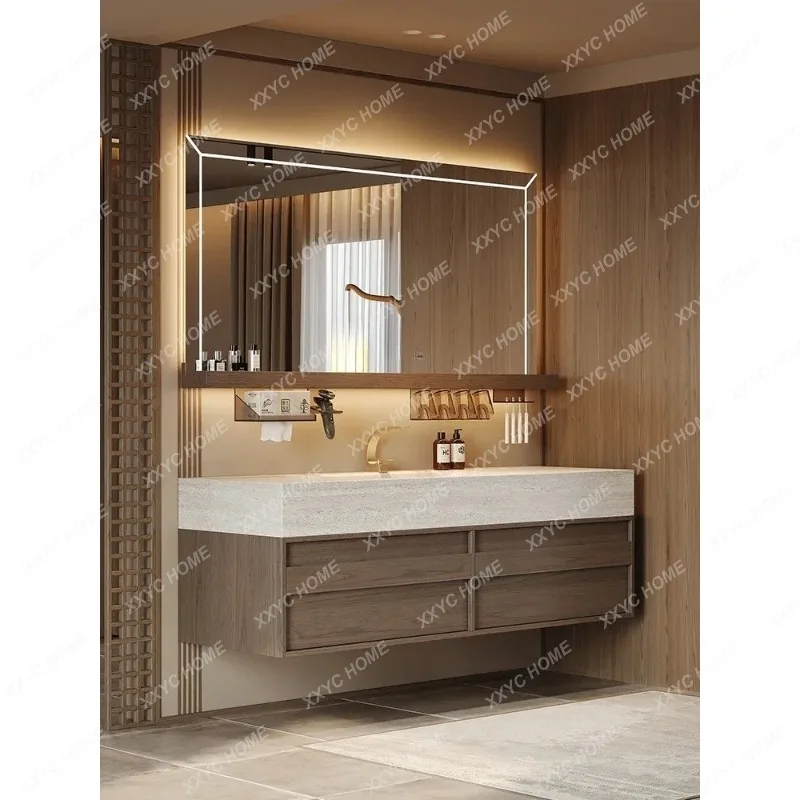SLMedieval walnut color bathroom cabinet combination rock slab integrated basin simple, washstand hand washbasin