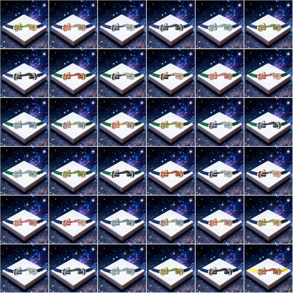 

KUXM New 925 Silver Colorful Double Row Zircon Large Size U-shaped BlueGreen Nylon Bracelet Party Gifts Luxurious Couple Jewelry