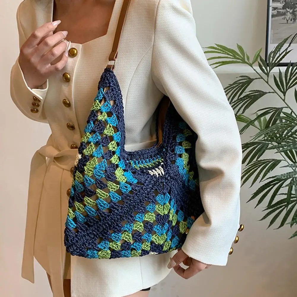 Лето 2025 года, соломенная вязаная сумка, ажурная большая сумка, однотонная пляжная сумка на плечо, праздничная дорожная сумка, кошелек на плечо в стиле бохо