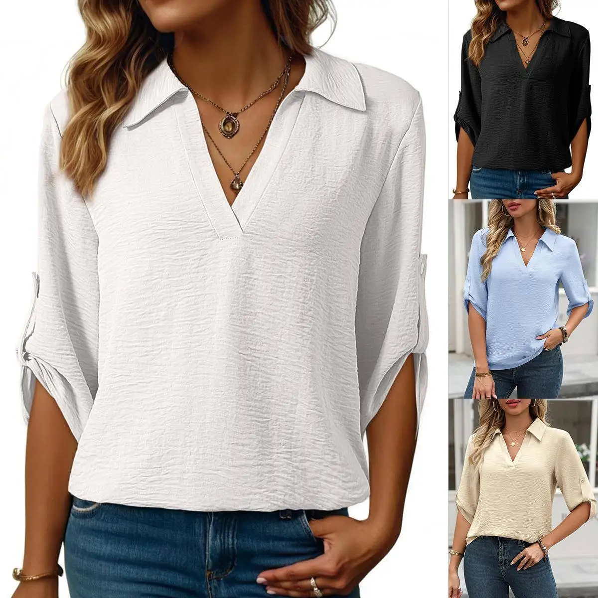 

Fashionable Casual V-Neck Mid-Sleeve Shirt Pure Color Top Simple Design Summer New Arrival Women's Clothing Cross-Border