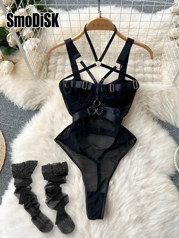 

Valentine Party Sleepwear Combination Catsuits Slim Intimate Erotic Mesh Strappy Rompers Women Bodysuits Lingerie Sexy Sets