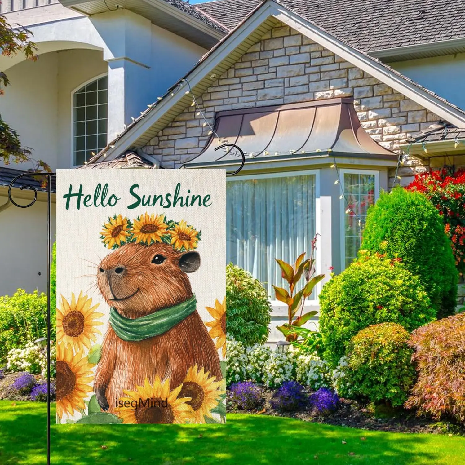 Capybara Garden Flag Hello Sunshine Garden Flags, Cute Puppy Sunflower Small Yard Flags 12x18 Double Sided, Burlap Spring Su SSL