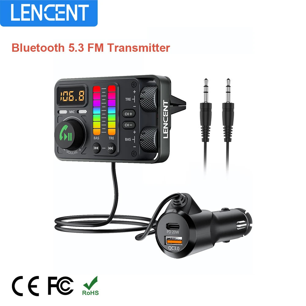 

LENCENT Bluetooth 5.3 Car FM Transmitter, Hi-Fi Treble & Bass Music Player, PD20W QC18W Fast Car Charger Radio Bluetooth Car