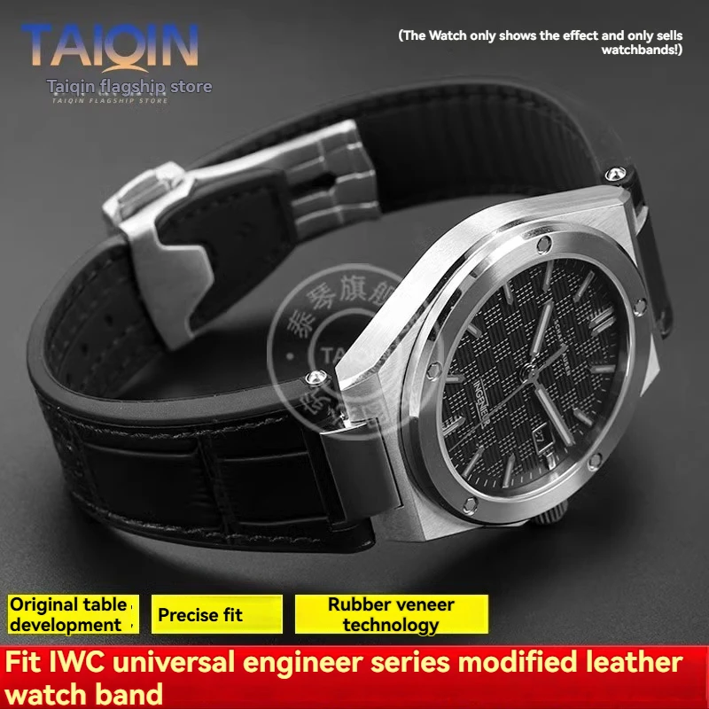 Cowhide Rubber Bottom Strap Steel connectors For IWC INGENIEUR FAMILY IW328901 328902 328903 328904 328907 Leather Watch Band