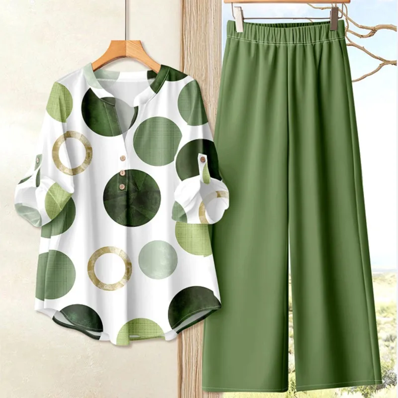 

Осенний повседневный женский костюм 2025, модный свободный топ с длинными рукавами и принтом в сочетании с однотонными широкими брюками, комплект из двух предметов