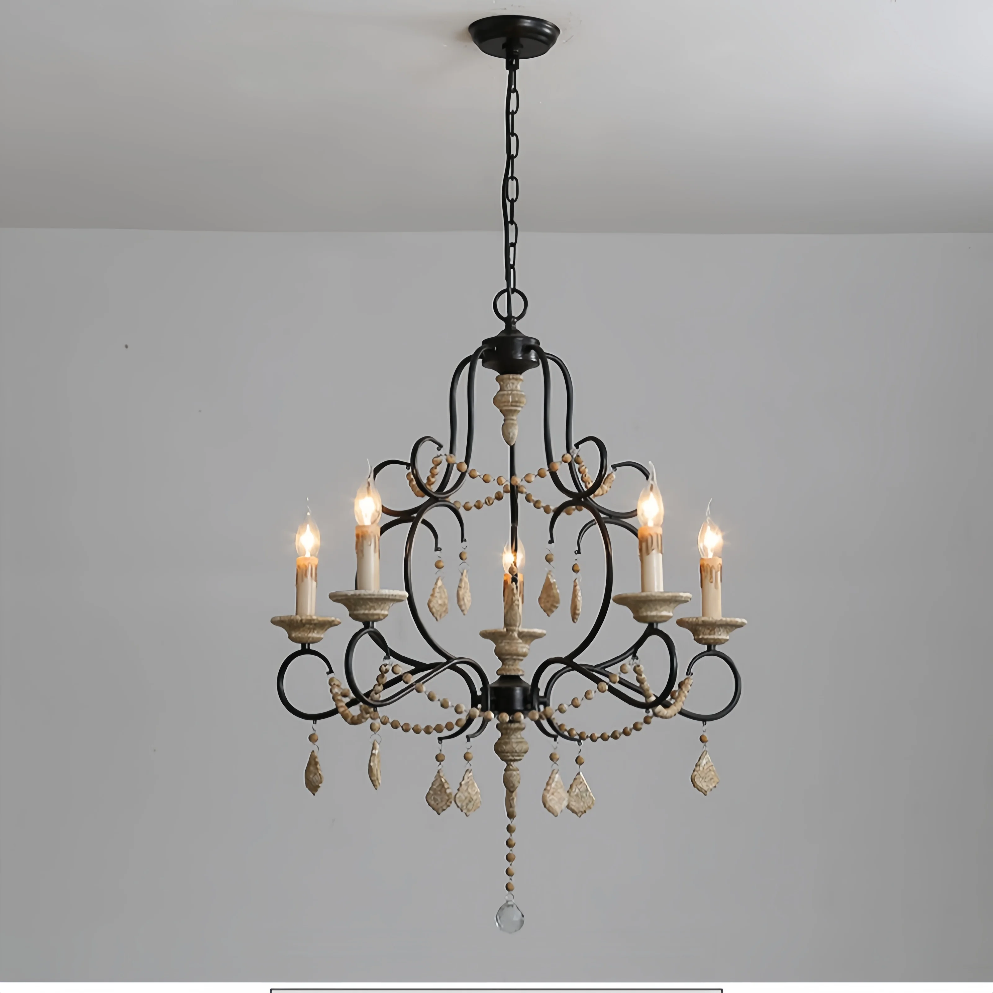 

American Farmhouse Chandelier Light Fixture - Rustic Wood Beads & Metal Vintage Ceiling Pendant for Kitchen Island, Living Room