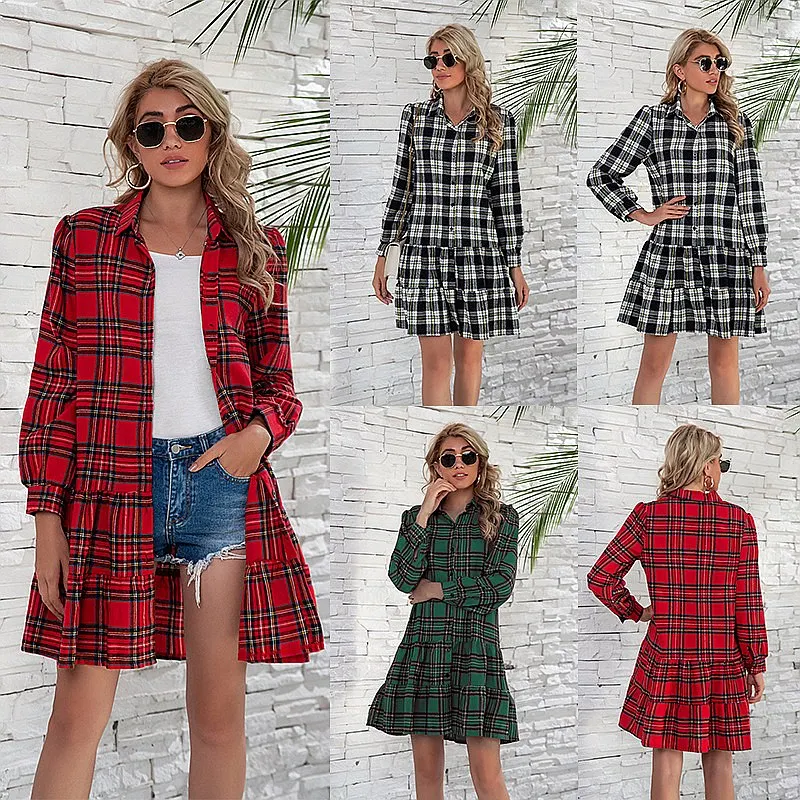 Women's Spring Summer Checkered Long Sleeve Dress Shirt Blouse Top Single Breasted Overall Jumpsuit Playsuit