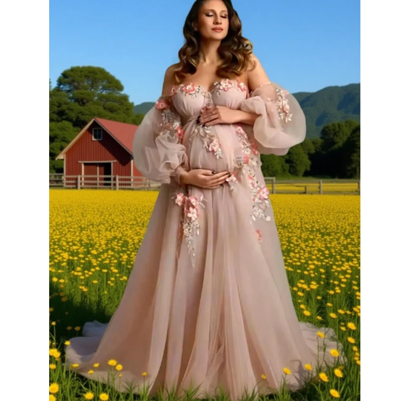 

Hand-Finished Embroidered Maternity dresses photoshoot-Customizable Sheer Tulle Gown for Baby Shower- hotography Appliques Dress