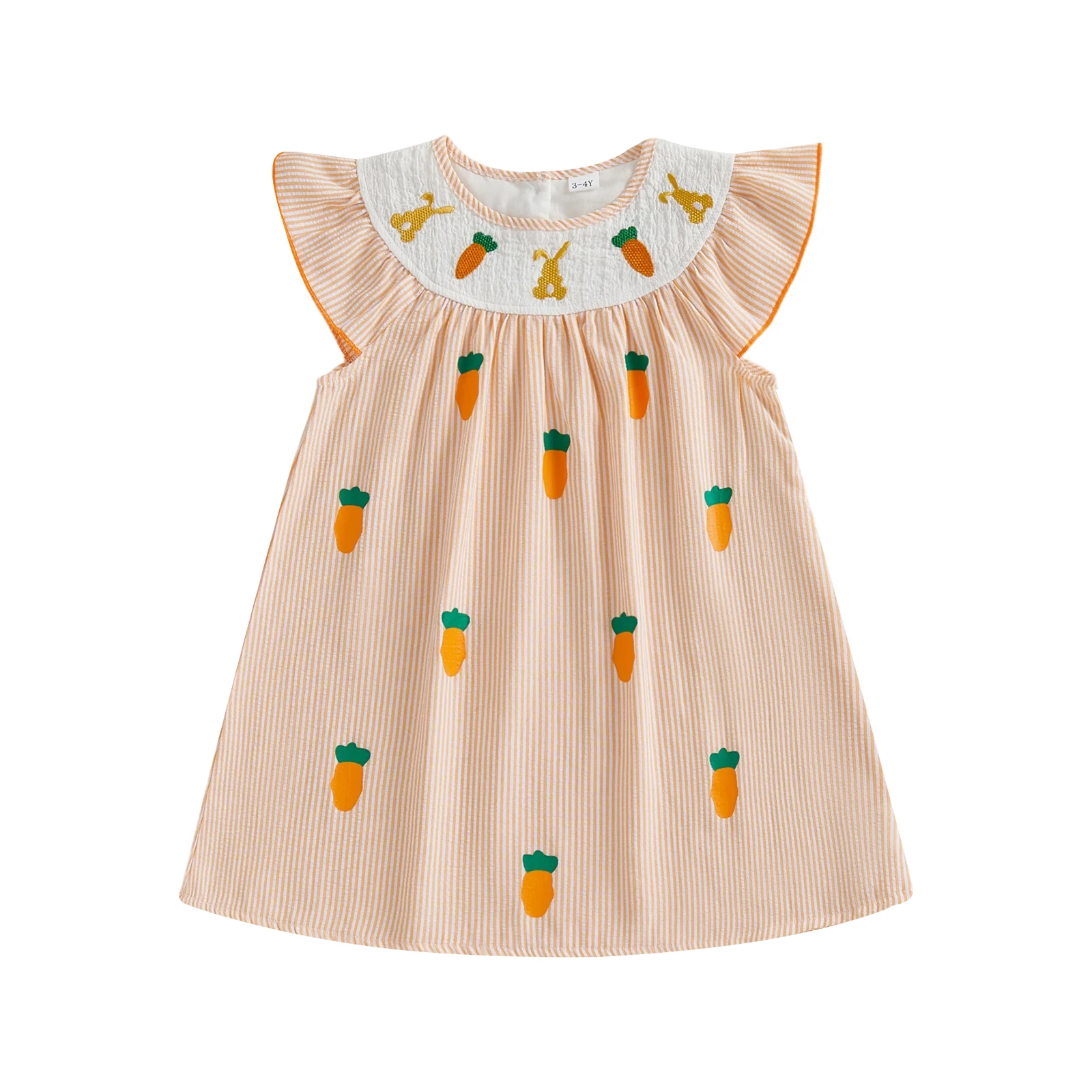 

Toddler Baby Girl Easter Dress Flying Sleeve Crew Neck Rabbit Carrot Embroidery A Line Striped Dress