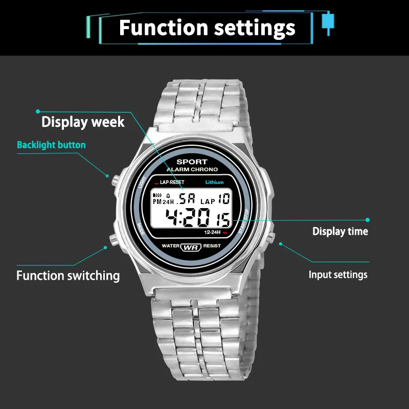 Women Casual LED Electronic Watch Retro Stainless Steel Men Women Unisex LED Digital Watch Multifunction Waterproof Wristwatch