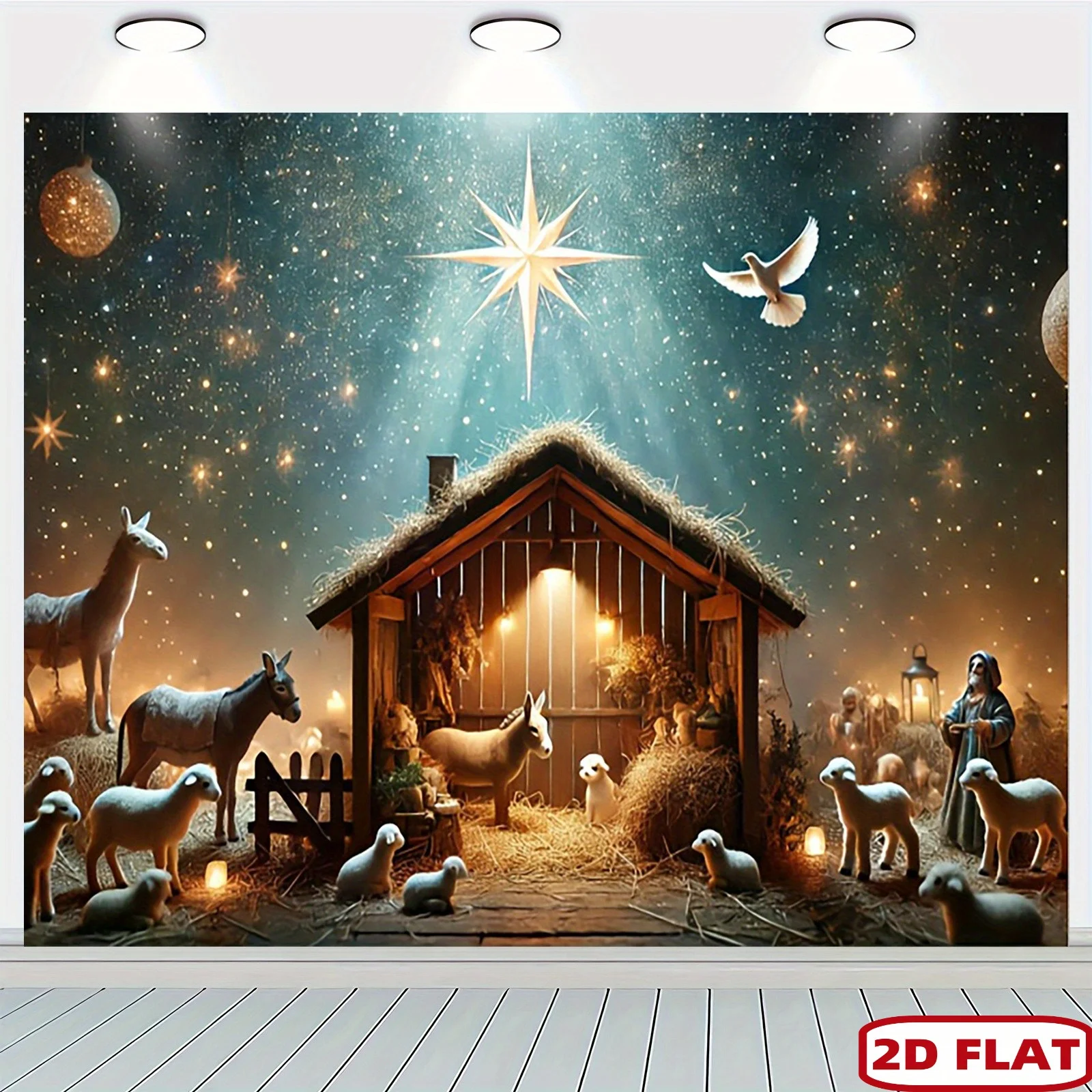 Ein flacher 2D-Polyester-Hintergrundstoff für die Krippenstufe von Weihnachten, mit dem Stern von Bethlehem, Weihnachtsdekoration