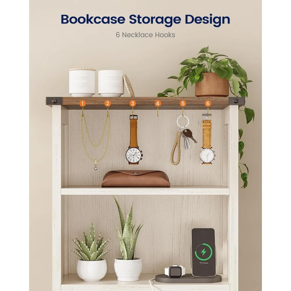 โต๊ะข้างเตียงพร้อมที่ชาร์จ 2 ลิ้นชัก ชั้นวางหนังสือ LED สีขาว โต๊ะข้างเตียง 6 ฟังก์ชั่น