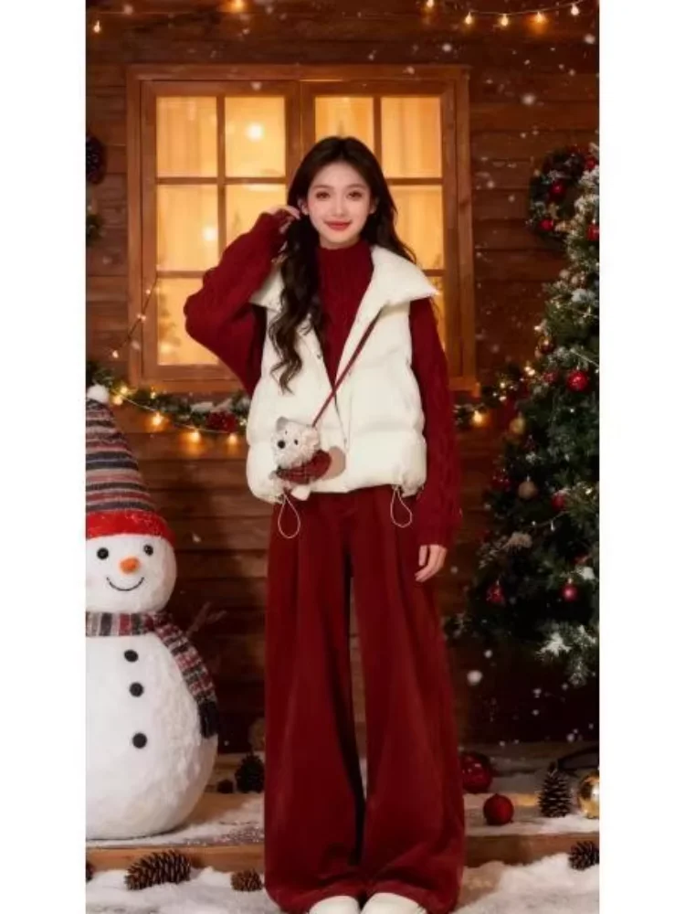 

Красный рождественский комплект из трех предметов: утепленные брюки-палаццо, хлопковый жилет и свитер с высокой талией для осени и зимы