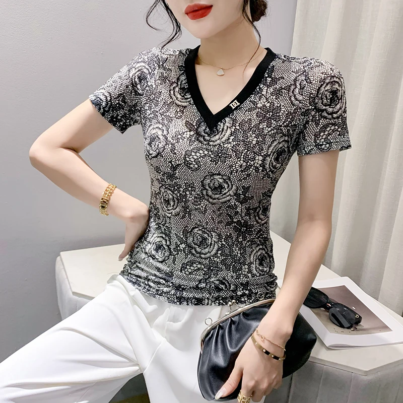 MadBlack-Women's European T-Shirt, Sexy V Neck Geometry Print, Clubwear Short Sleeve Slim M-3XL Mesh Tee, 2026 Summer T62305CC