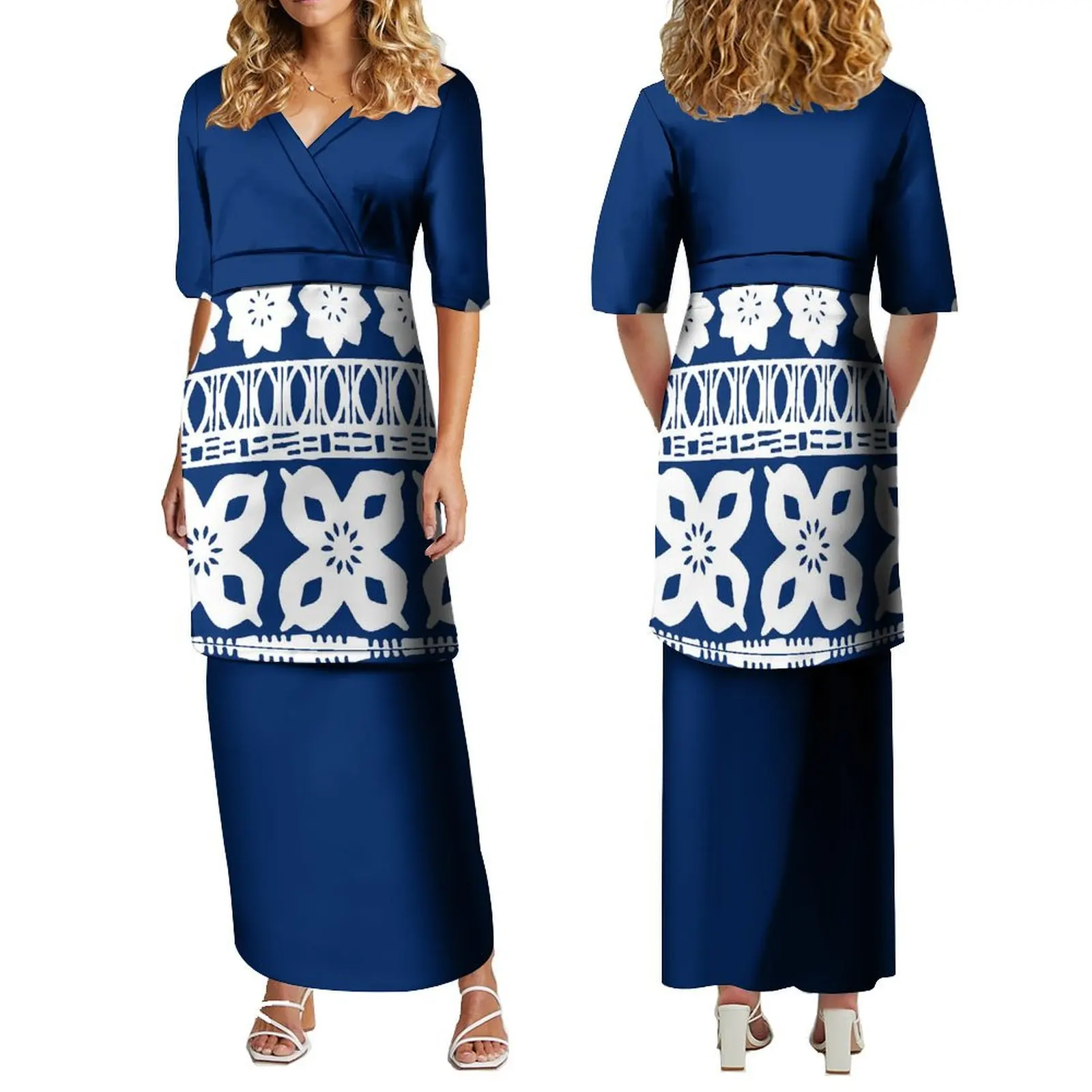 Haut et jupe maxi élégants à manches courtes et col en V, style samoan et fidjien, vêtements d'île et rinçage, été