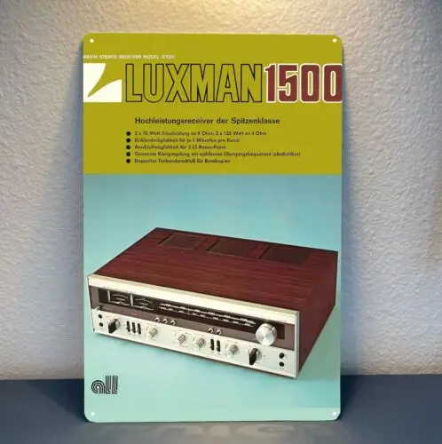Póster Metálico de Lujo Luxman 1500 Amplificador Vintage Estéreo Hi-Fi para Audiófilos - Letrero de 20x30cm - Aluminio