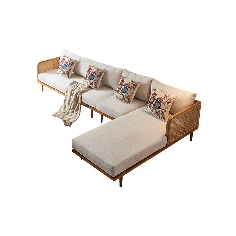 Sofa Living Room Combination Charming Style Leisure Solid Wood  Rattan  Woven  Concubine Corner Sofa