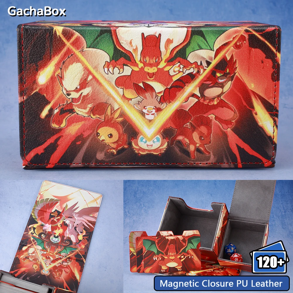 Fire Type Dicewinder for PTCG,Fits 100 Double-Sleeved Cards,Card Storage Deck Box for MTG Commander TCG YGO OPCG DTCG kids Gifts