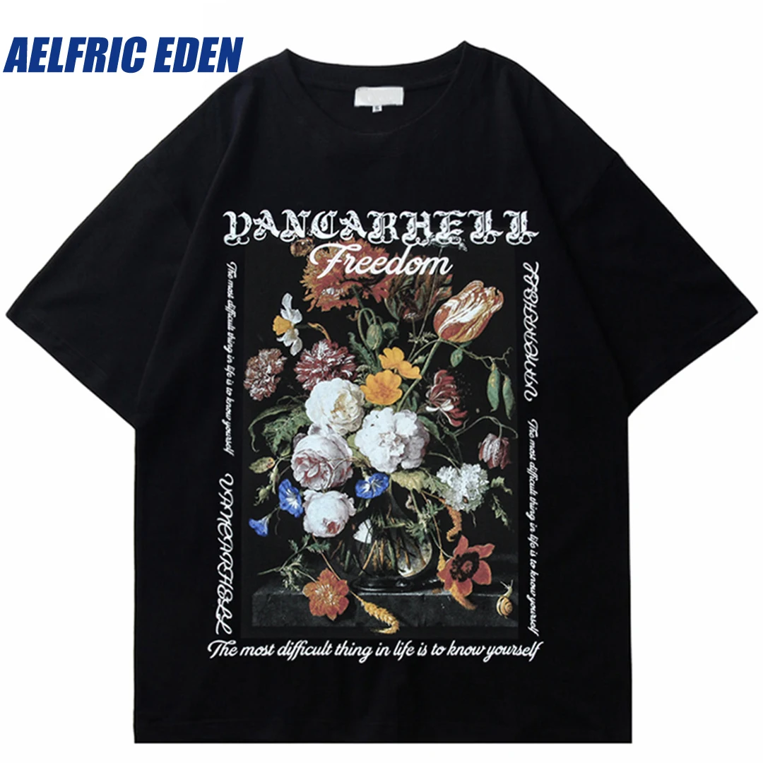 Aelfric Eden  Painting Flower Letter Print T Shirt Hip Hop Streetwear T-Shirt 2023 Men Harajuku Casual Tshirt Short Sleeve Tops