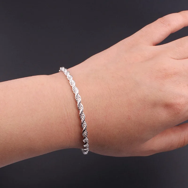 Bracelets en corde torsadée en argent Sterling 925, 4MM, pour femmes et hommes, mode minimaliste, chaîne de Couple, bijoux unisexe, cadeaux