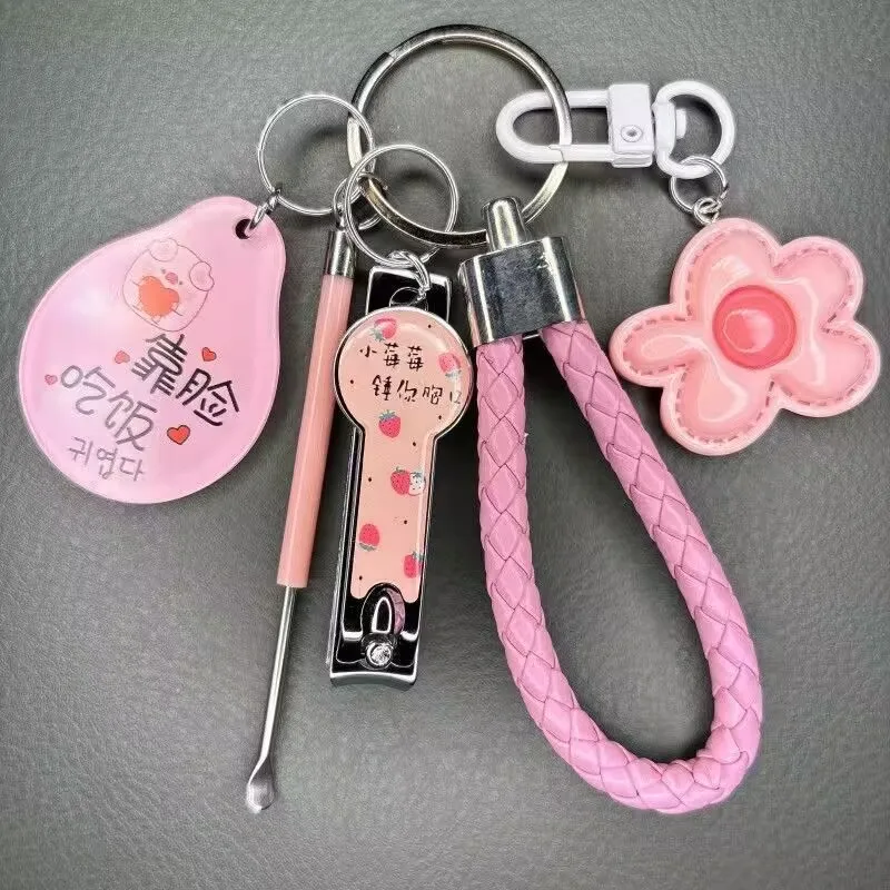 Dopamin-Farbiger Blumen-Schlüsselanhänger Niedlicher Mädchen-Stil Taschenanhänger Zubehör Nagelknipser Ohrenreiniger Schlüsselring Tragbares Set Geschenk – Detail 6
