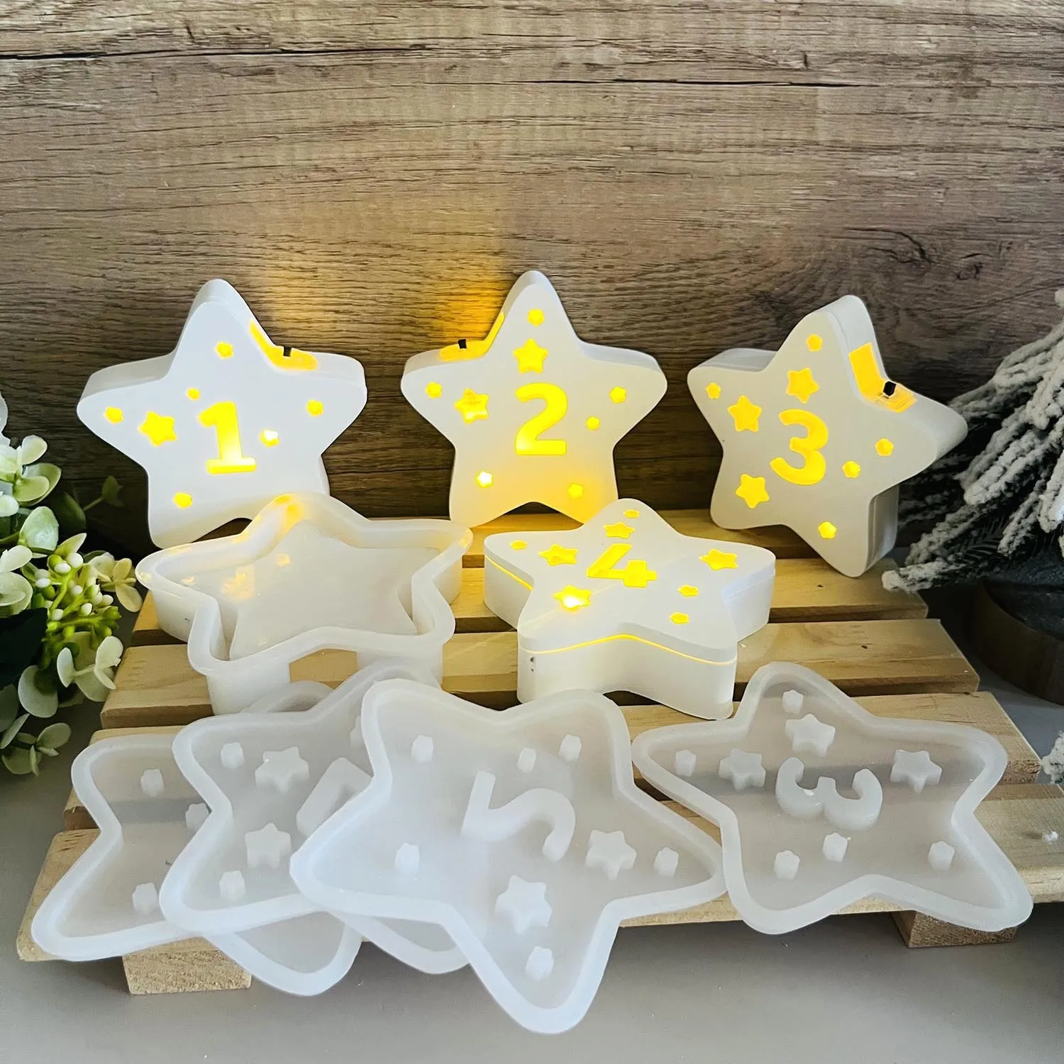 Star Silicone Mold Hollow Splicing Stars One set Lettering Casting Mold 1 2 3 4 Number Star Lampshade LED Light Chain Molds