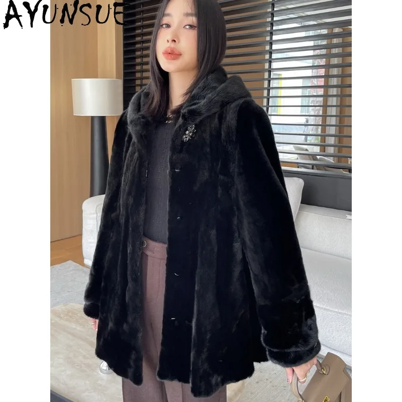 

AYUNSUE Natural Mink Fur Coats for Women 2025 New Fashion Full Mink Fur Hooded Coat Woman Clothing Lady Outerwears Manteau Femme